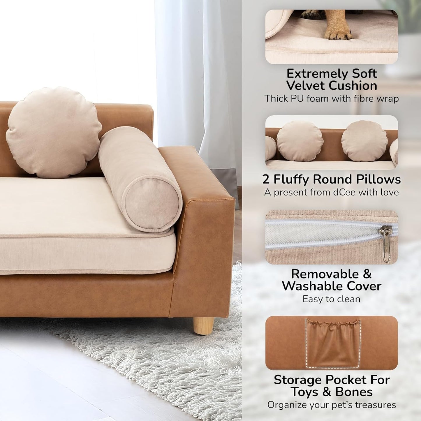 Petseliers Ultra-Luxury Pet Sofa with Velvet Upholstery